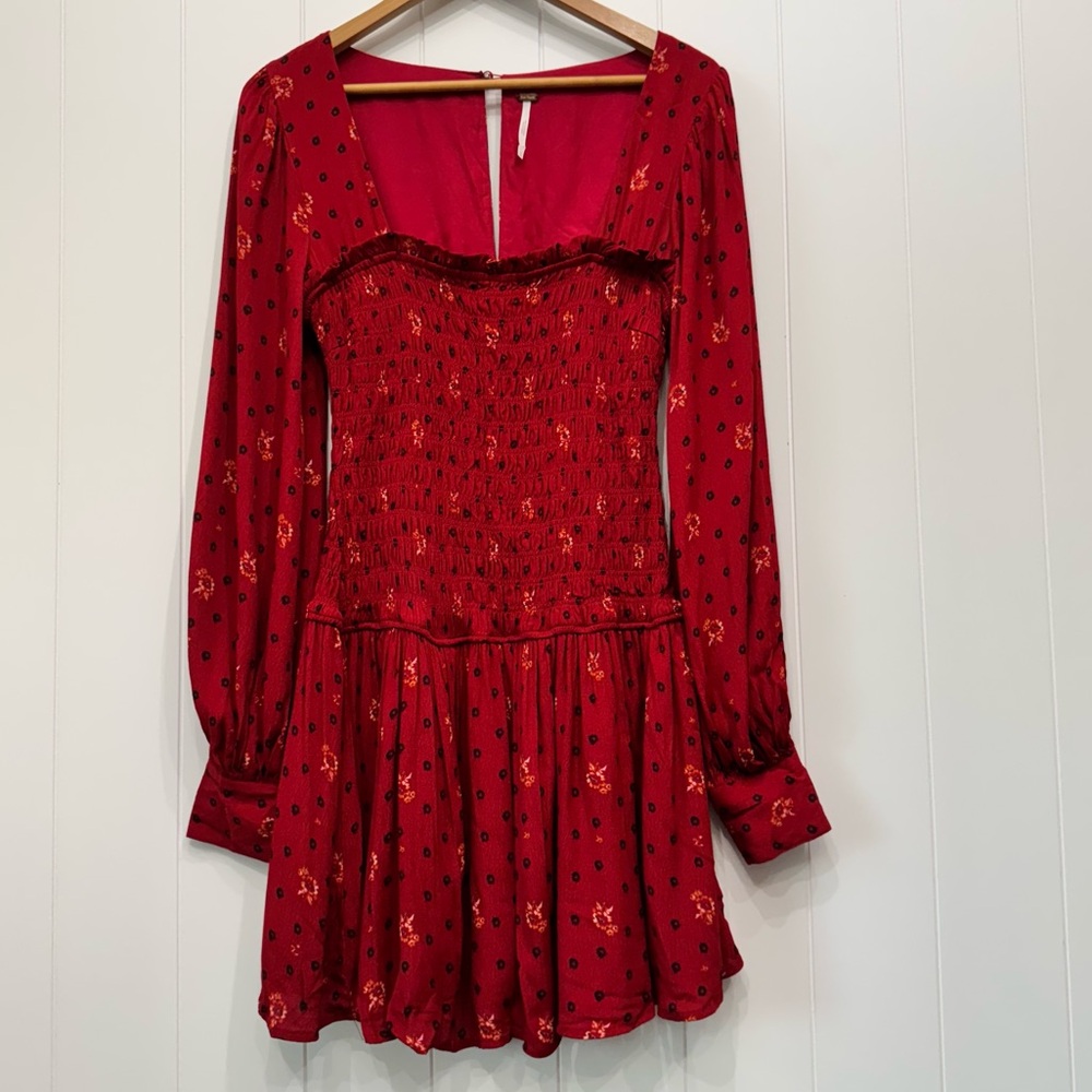 Free People Women’s S Two Faces Red Floral Long Sleeve Smocked Mini Dress Boho